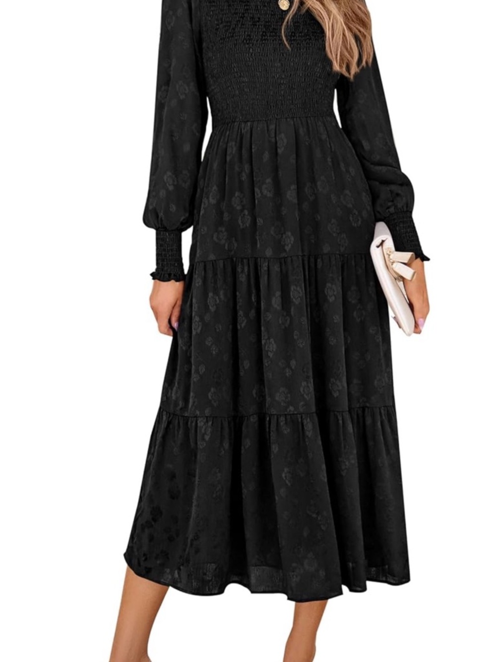 Black XXL (20) Smocked Midi Length Dress - Flowy, Pockets, Lined Skirt